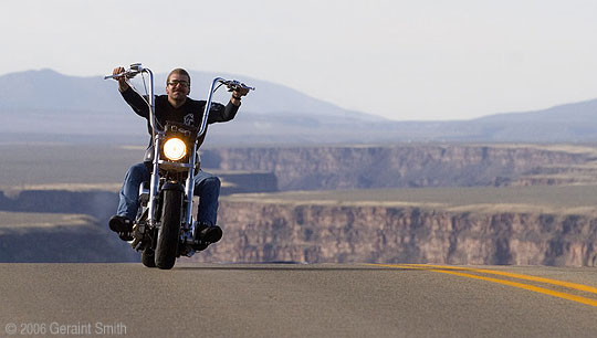 Bikers in Taos New Mexico with the Rio Grande Gorge for a backdrop as bikers roll into town for the 24th Annual Red River Memorial Day Run