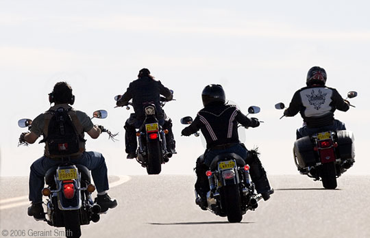 Bikers in Taos New Mexico with the Rio Grande Gorge for a backdrop as bikers roll into town for the 24th Annual Red River Memorial Day Run