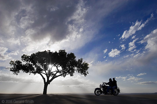 Bikers last night south of Taos on Highway 68 at the top of Pilar hill at the Rio Grande Gorge overlook