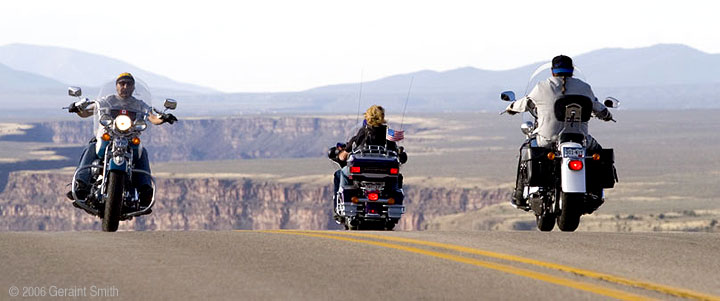 Bikers in Taos New Mexico with the Rio Grande Gorge for a backdrop as bikers roll into town for the 24th Annual Red River Memorial Day Run