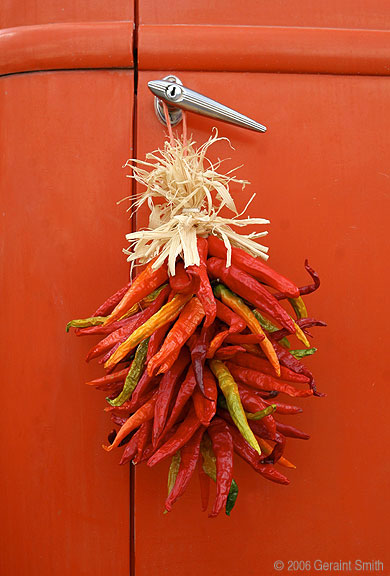 Chili ristra on Garcia's Truck at Garcia's Corn Stalk Gift Shop and Fruit Stand in Velarde, New Mexico