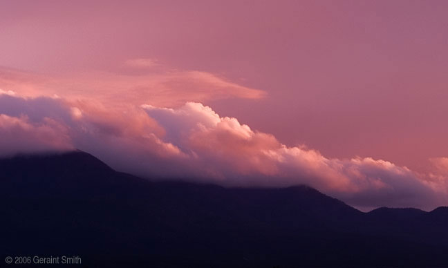 Sangre de Cristo foothills and Picuris Peak shrouded in a late evening cloud