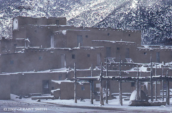 Taos Pueblo in a spring snowfall