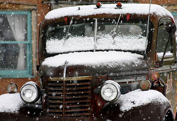 Snow truck at the Overland Sheepskin compound Taos, New Mexico
