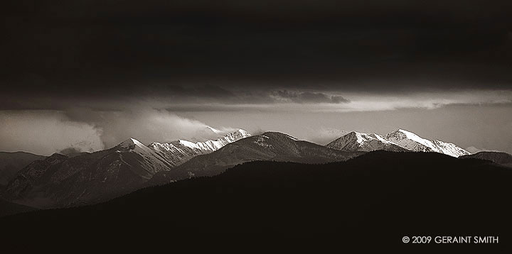 Truchas Peaks with new snow taken from Arroyo Seco, NM