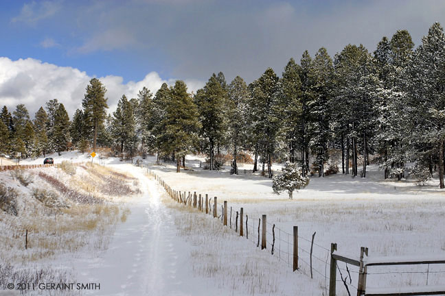 Snow in the hills on the High Road to Taos