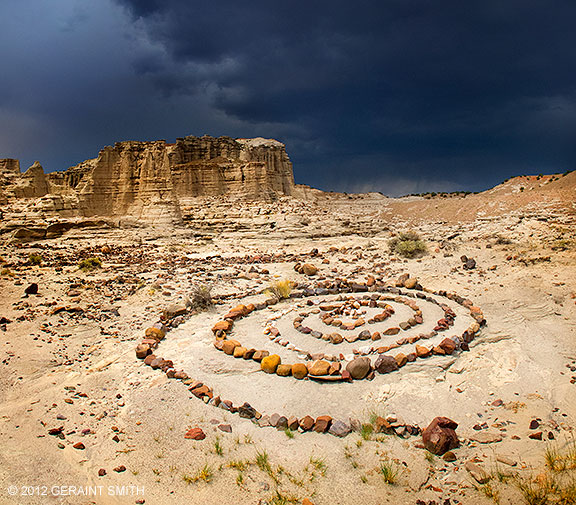 Labyrinth and stormy skies in Plaza Blanca, NM