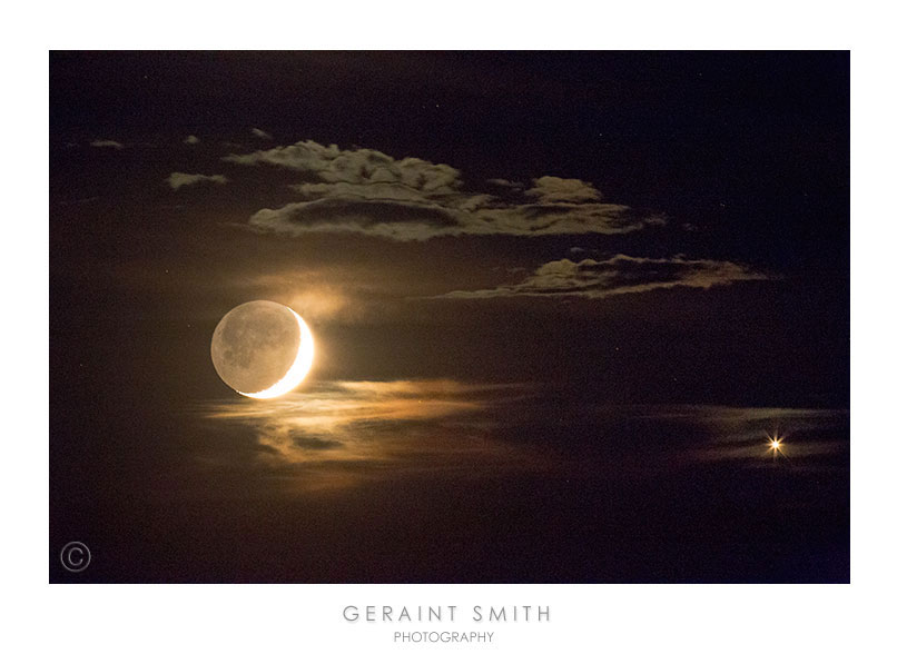 Another view as the waxing crescent moon and Venus set over Taos, NM