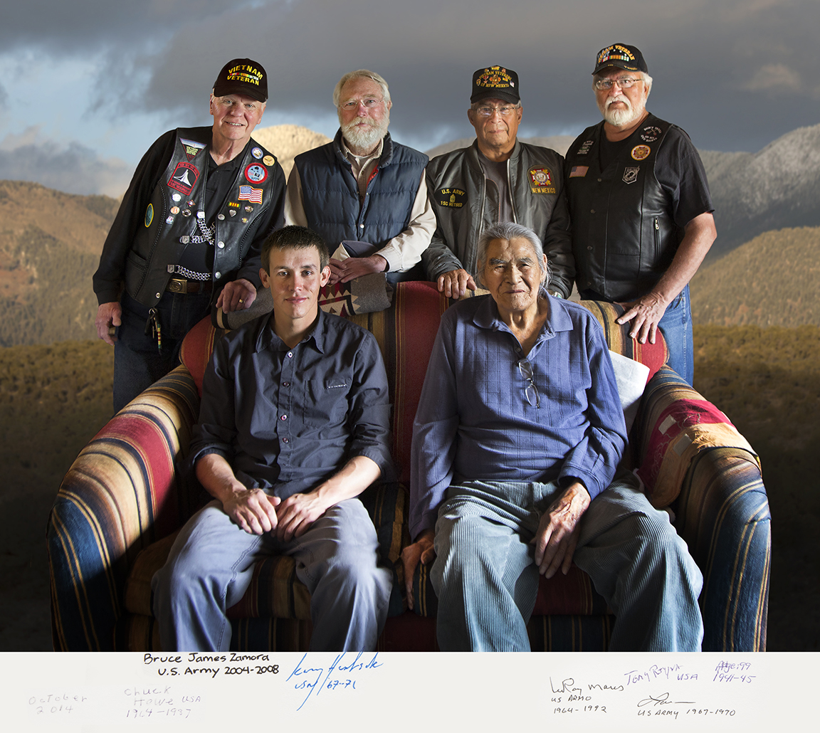 Back Row: Chuck Howe U.S. Army 1964-1987,   Kerry Heubeck U.S.M. 1967-1971,   Leroy Mares U.S. Army 1964-1992,   Lawrence Vargas U.S. Army 1967-1970  Front Row:   Bruce James Zamora U.S. Army 2004-2008,   Tony Reyna (age 99) U.S.Army 1941-1945