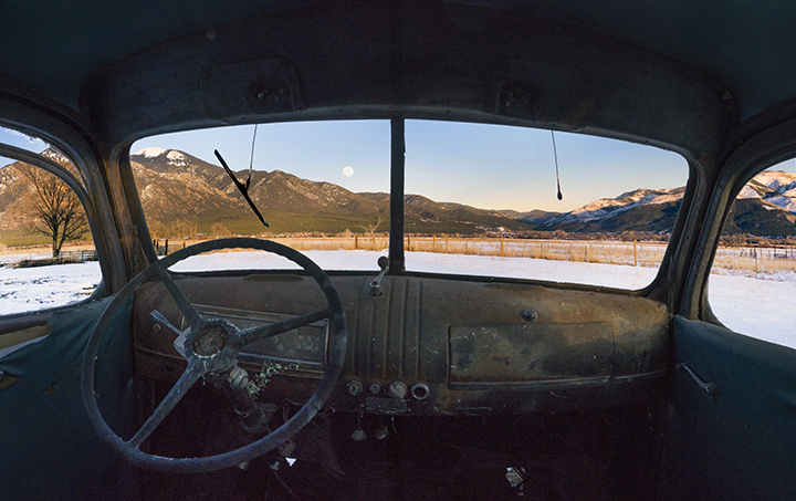 January's "Wolf Moon" rising el prado taos new mexico old truck