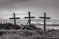 2015 November 17: Three crosses at the Abiquiu Penitente Morada, with Pueblo Peak (Taos Mountain) as a backdrop